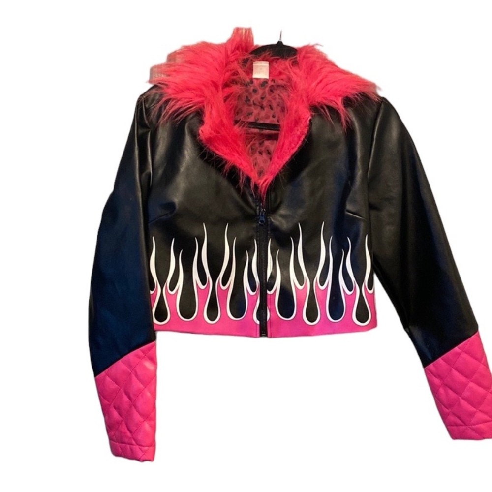 Bratz Faux Black Moto Leather Jacket Pink Fur Cheetah Print Flame Sparkle Medium